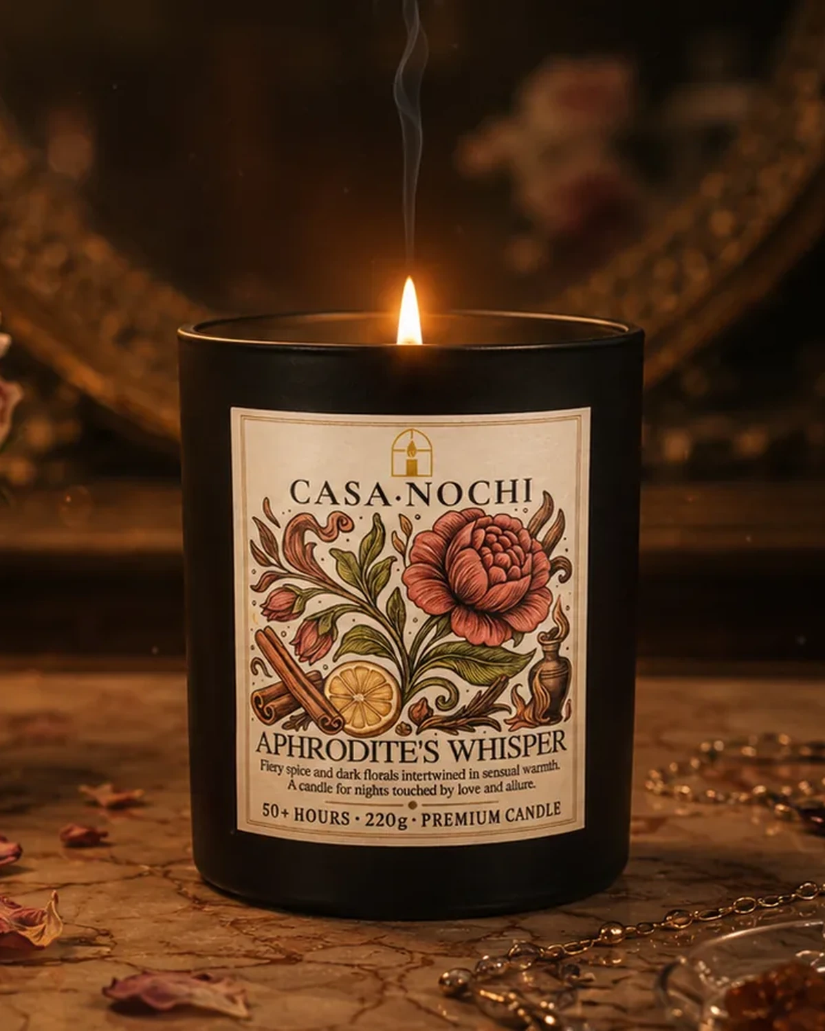 Aphrodite's Whisper Candle · Damascus rose, tuberose, amber attar